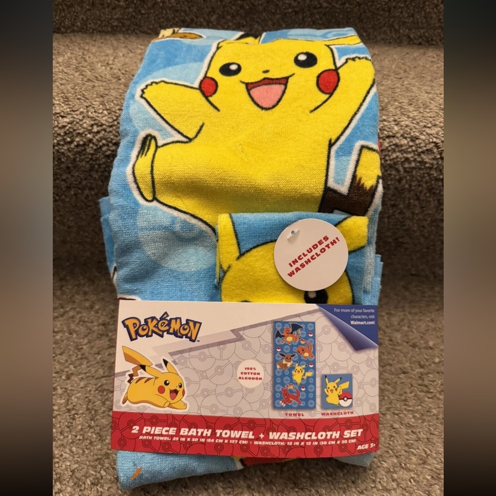 Pokemon Bath Towel 25in x 50in and Washcloth Set Brand New